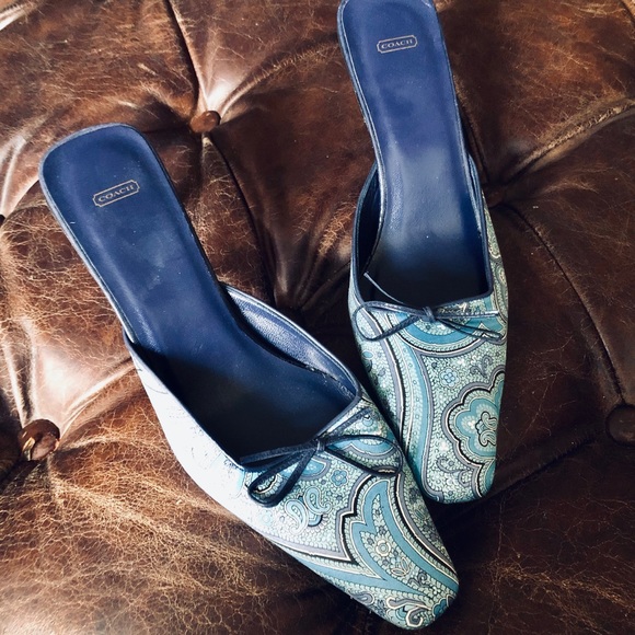 Coach Shoes - Coach Heeled Mules in Blue Leather and Silk